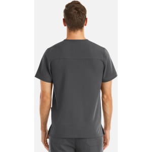 A men's grey V-neck top featuring three pockets and a simple design, with a logo on the fabric.