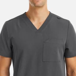 A grey V-neck top with short sleeves, featuring a front pocket and a logo on the shoulder.