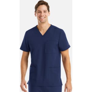A men's navy blue V-neck top featuring three pockets and a branded logo.