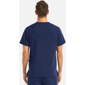 A men's navy V-neck top featuring a three-pocket design and no visible branding.