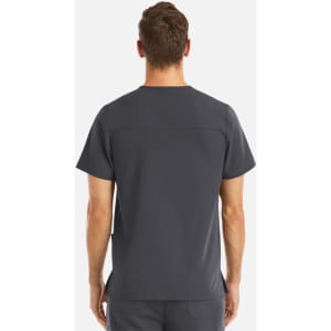 A men's v-neck top in dark grey with a back view, featuring three pockets. It includes a logo.