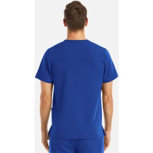 A men's v-neck top in a vibrant blue colour, featuring a simple design and a logo on the back.