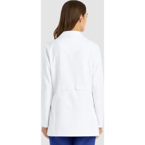 A women's white lab coat with a back view, featuring a fitted silhouette and two buttons on the back.