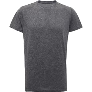 A grey performance T-shirt with a round neckline and short sleeves, featuring a logo on the chest area.