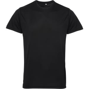 A black performance T-shirt with short sleeves and a round neckline. Features a logo on the front.