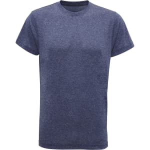 A navy blue performance t-shirt with a crew neck and short sleeves, featuring a plain design.