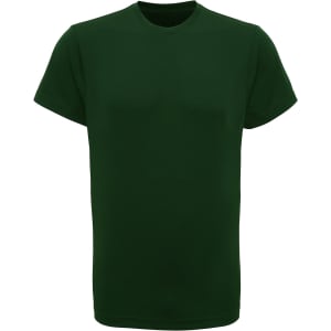 A green performance t-shirt with a classic crew neck and short sleeves. The shirt features a logo.