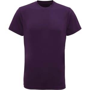 A purple performance t-shirt with short sleeves and a round neckline, featuring a logo.