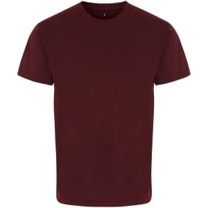 A maroon performance T-shirt with a simple design, featuring short sleeves and a rounded neckline. It has a logo.