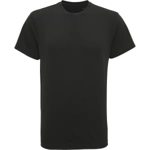A black performance T-shirt with a round neckline and short sleeves, featuring a logo on one side.