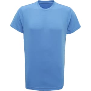 A blue performance T-shirt with short sleeves and a round neckline, featuring a logo on the chest.