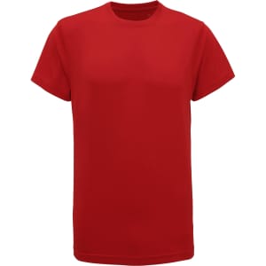 A red performance T-shirt featuring a simple design and a logo on the front.