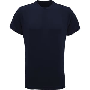 A navy performance T-shirt with a round neck and short sleeves, featuring a logo on one side.