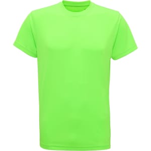 A bright green performance T-shirt with a crew neckline and short sleeves. It features a logo on the front.