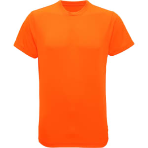 An orange performance t-shirt with short sleeves and a round neck, featuring a logo on the front.