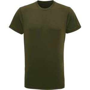 A plain olive green performance t-shirt with a classic crew neckline and short sleeves. It features a branding logo.