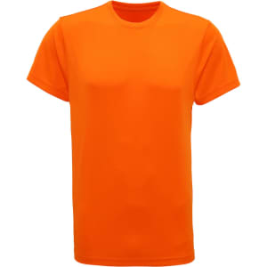 An orange performance T-shirt with a classic crew neck and short sleeves. It features a branding logo.