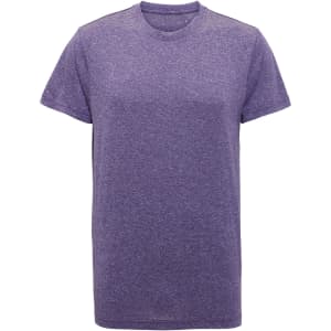 A purple performance T-shirt featuring short sleeves and a round neckline. It has a branding logo.