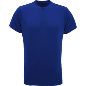 A blue performance t-shirt with a round neckline and short sleeves, featuring a logo.