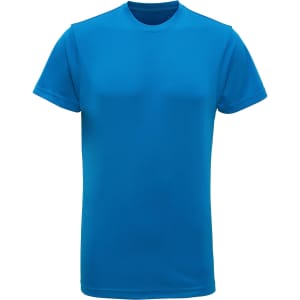 A blue performance T-shirt with a crew neck and short sleeves, featuring a subtle logo on the front.