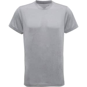 A grey performance T-shirt with short sleeves and a round neck, featuring a logo.
