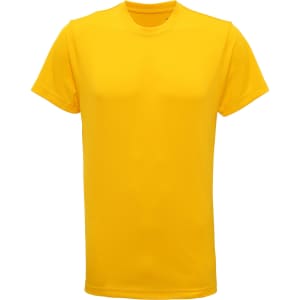 A yellow performance T-shirt with short sleeves and a round neckline, featuring a logo on the front.