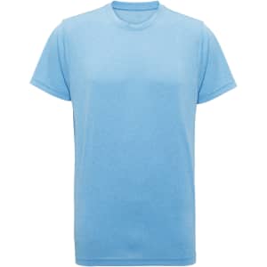 A blue performance T-shirt with a classic crew neck and short sleeves, featuring a simple design and branding.