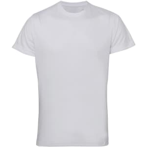 A white performance T-shirt with short sleeves and a round neckline. It features a logo on the design.