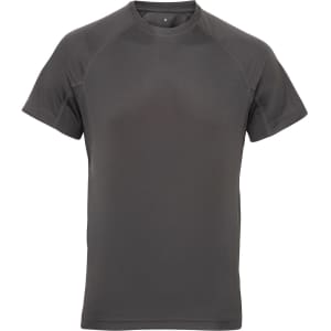 A grey panelled tech T-shirt featuring short sleeves and a classic crew neckline. It has a logo on the chest.