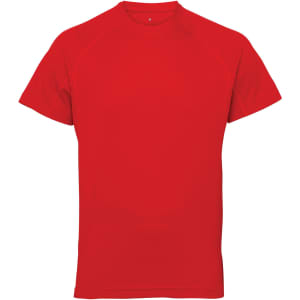 A red panelled tech T-shirt with a crew neckline and short sleeves. It features a logo on the fabric.