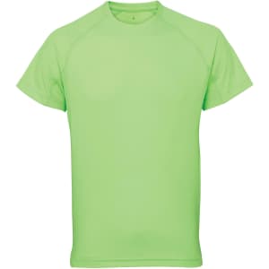 A panelled tech T-shirt in bright green with a logo on the chest.