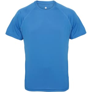 A panelled tech T-shirt in bright blue with a crew neck and short sleeves. It features a logo on the front.