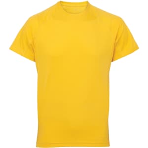 A yellow panelled tech t-shirt featuring short sleeves and a round neckline. It has a logo on it.
