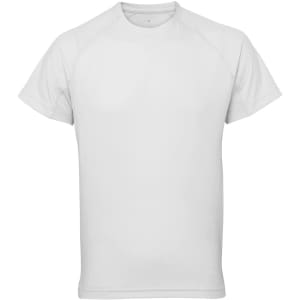 A white panelled tech T-shirt with short sleeves and a crew neckline, featuring a logo on one side.