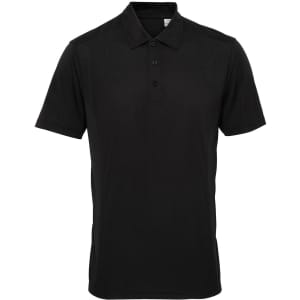 A black panelled polo shirt with a collar and three buttons, featuring a logo on the chest.