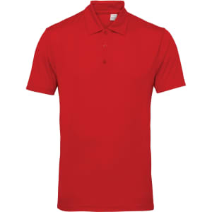 A red panelled polo shirt with a classic collar and short sleeves, featuring a logo on the chest.