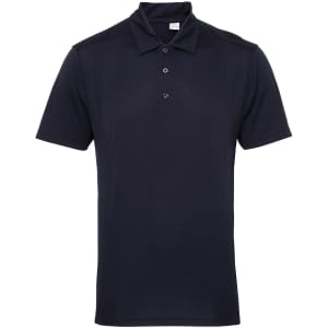 A navy panelled polo shirt featuring a collar and three buttons, with a logo on the chest area.