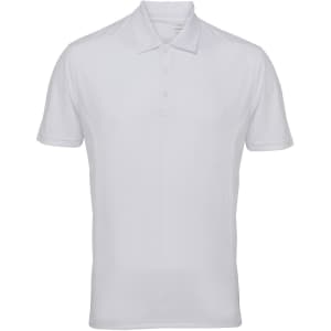 A white panelled polo shirt with a collared neck and short sleeves. The shirt features a logo.