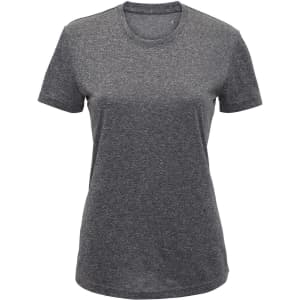 A grey performance t-shirt with a round neckline and short sleeves. It has a simple design and includes a logo.