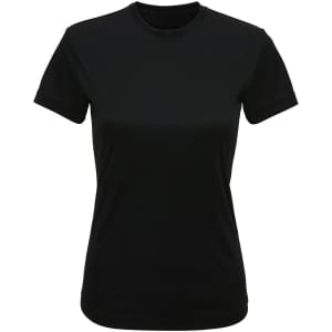 A black performance T-shirt with a crew neck and short sleeves, featuring a logo on the chest.