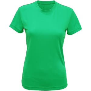 A green performance t-shirt with a crew neck and short sleeves, featuring a logo.