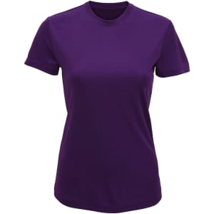 A purple performance T-shirt with a round neckline and short sleeves, featuring a simple design.