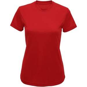 A red performance T-shirt featuring a classic crew neck and short sleeves. It has a logo on the front.