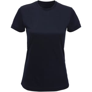 A navy blue performance T-shirt with a round neckline and short sleeves, featuring a logo.