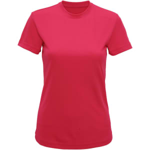 A pink performance T-shirt featuring a round neckline and short sleeves, with a logo on the front.