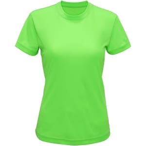 A bright green performance t-shirt with short sleeves and a round neckline, featuring a logo.