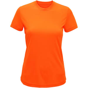 An orange performance T-shirt with a round neck and short sleeves, featuring a logo on the front.