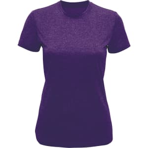 A purple performance T-shirt with short sleeves and a fitted design. It features a logo on the front.