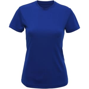 A blue performance t-shirt with a crew neck and short sleeves, featuring a logo on the front.