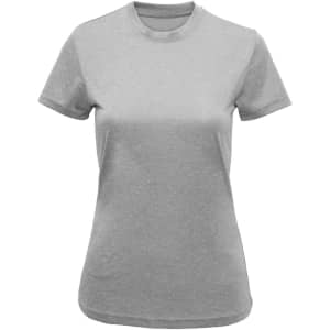 A grey performance T-shirt featuring a classic crew neck design and short sleeves. It has a logo.